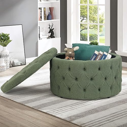 Miniatura 4 de Joveco Otomana redonda de almacenamiento, otomana tapizada con botones y parte superior extraíble, banco de almacenamiento, mesa de café,