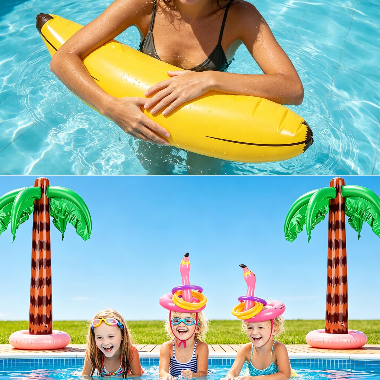 14Pcs Giocattoli Gonfiabili Palme Gonfiabili Banana Gonfiabile Palla Gonfiabile Fenicottero Pappagallo Squalo, Set Giocattoli Gonfiabile Piscina per Hawaii Party Decor Luau Party