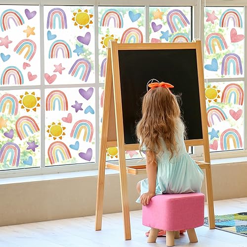 Miniatura 4 de AnyDesign 9 hojas de calcomanías bohemias de arco iris para ventana, acuarela, arco iris, corazón, sol, estrella, calcomanías decorativas para