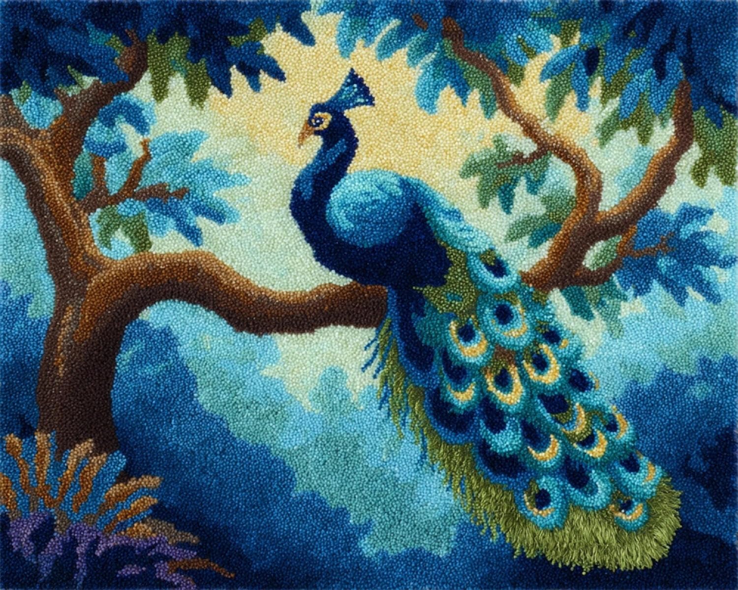 Henypt DIY Latch Hook Rug Kit Peacock and Big Tree 90x120cm