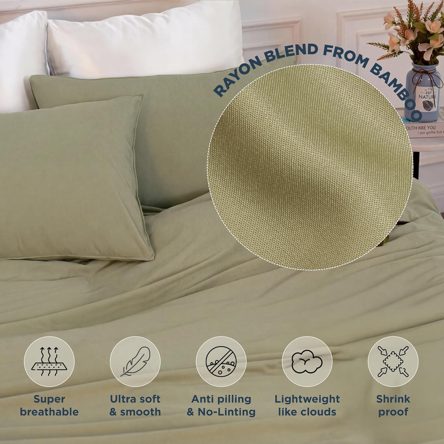 Duvet Cover Set Queen Size Silky Soft Cooling, Rayon Blend from Bamboo, Breathable Durable Bedding for All Seasons, Include 1 Duvet Cover 90"x90" with Zipper & 2 Pillowcases, Green 2