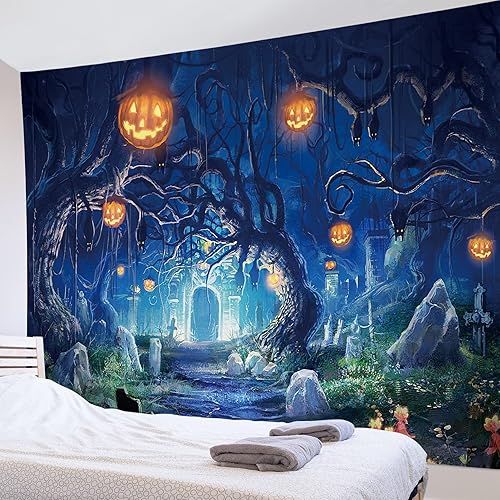 Miniatura 6 de HVEST Tapiz de pared de bosque otoñal, tapiz rústico de calabaza y girasol naranja para dormitorio y sala de estar, decoración del hogar de Acción