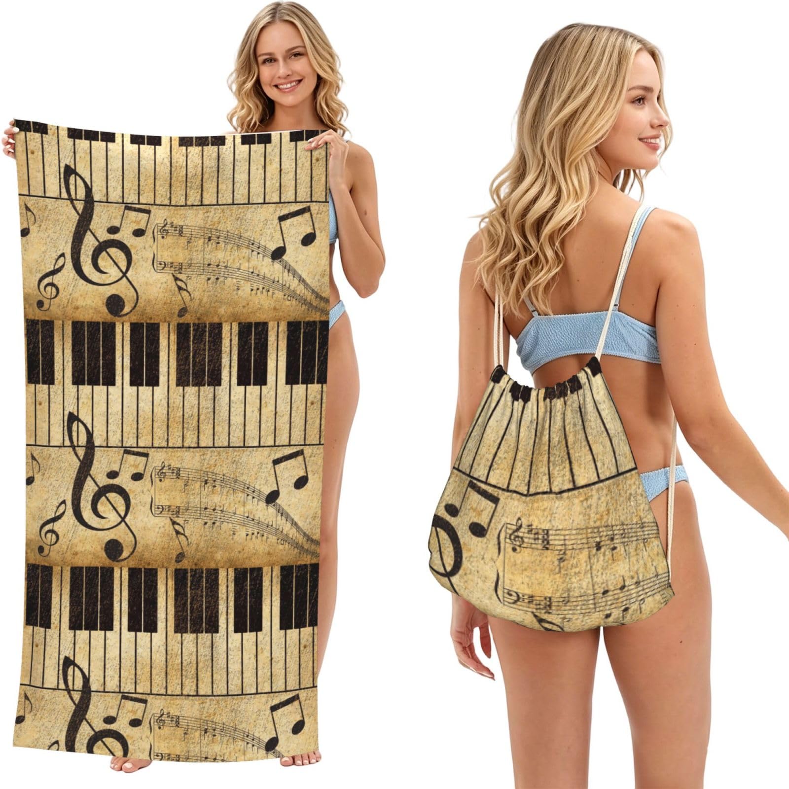Poadnly As Picture Vintage Music Note Piano, 2 In 1 Packable Towel Bag, Beach Towels With Drawstring Backpack For Travel Holiday Camping