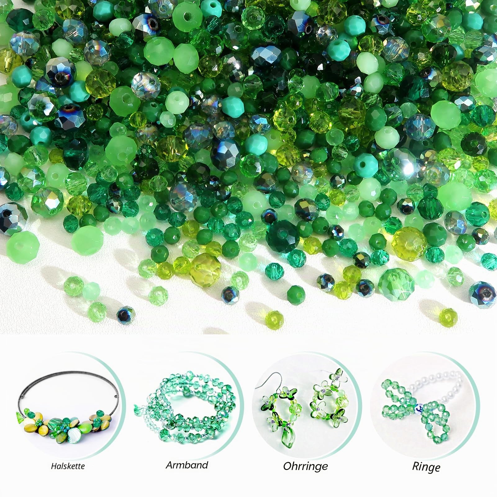 TOAOB 1000 Stück Perlen Grün Facettenperlen Grün 4mm 6mm 8mm Glaskristall Perlen Facettierte Glasperlen für Armbänder Halskette Ohrringe Schmuckherstellung