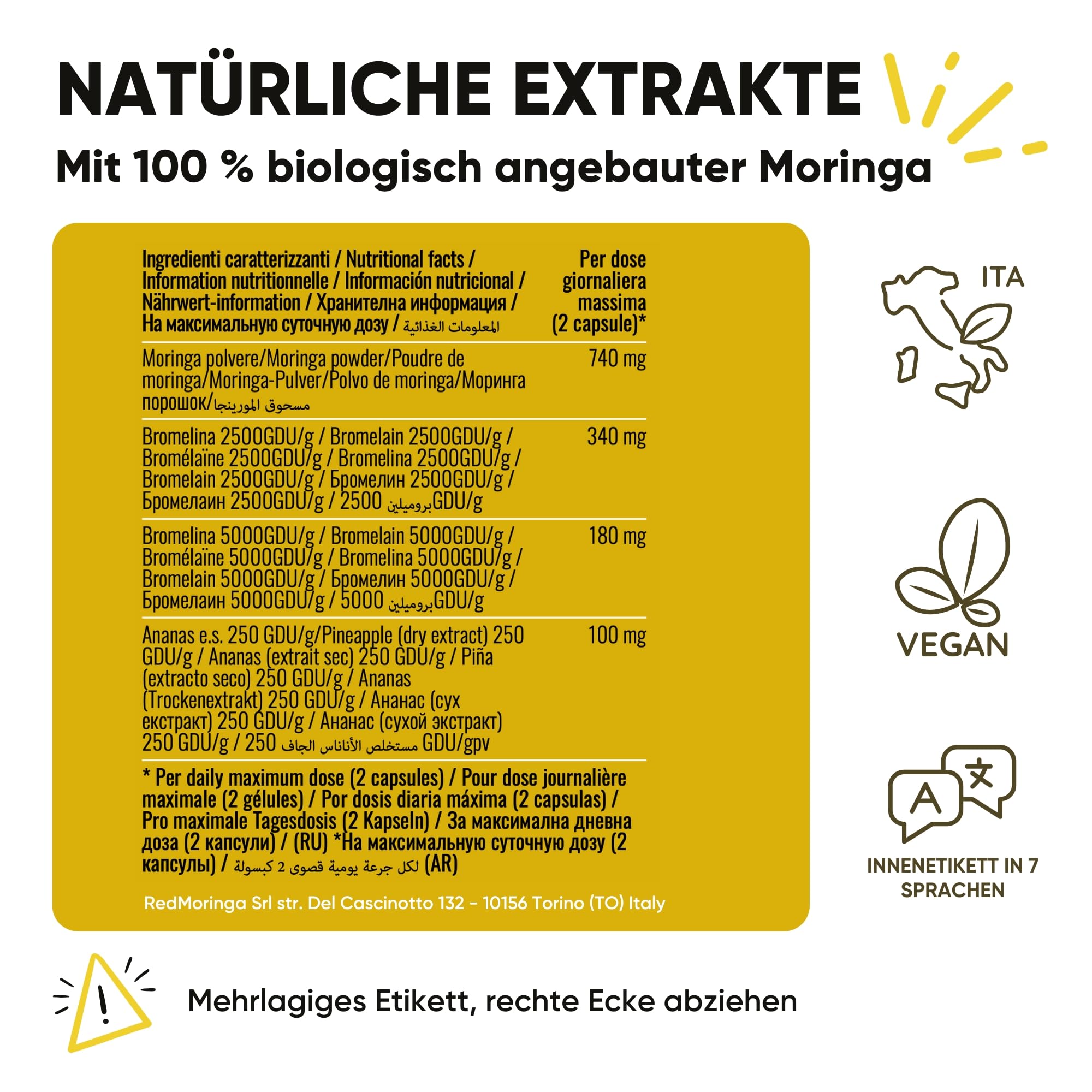 Bromelain Hochdosiert 5000 GDU – NEUE FORMEL 100% Natürlich Anti-Cellulite Komplex mit Bio Moringa, Ananas Enzym - 60 Vegane Kapseln - Made in Italy