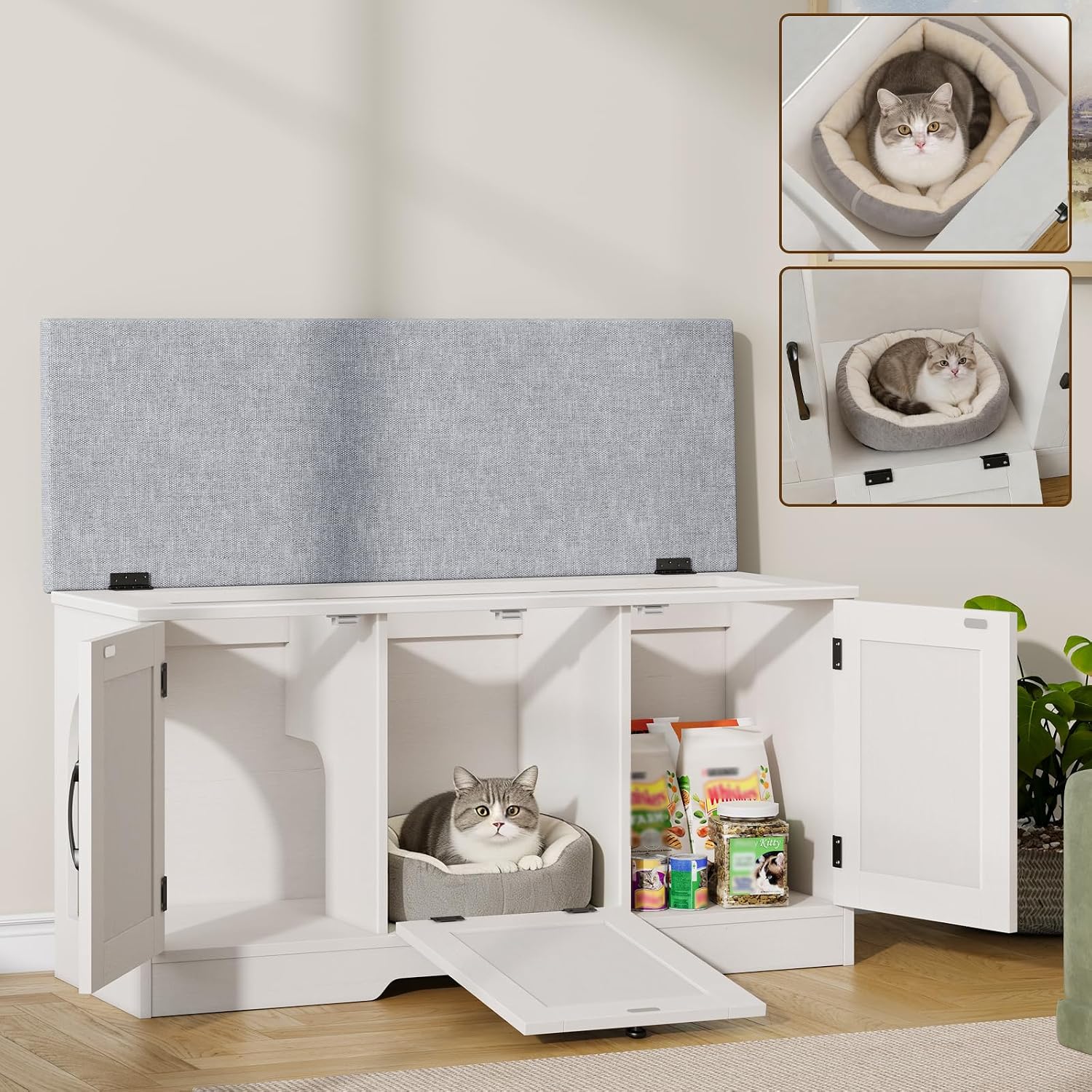 Small Flip Top Cat Litter Box Furniture with Doors, Cat Box Litter Enclosure with Storage, Farmhouse Indoor Cats House with Cushion, White