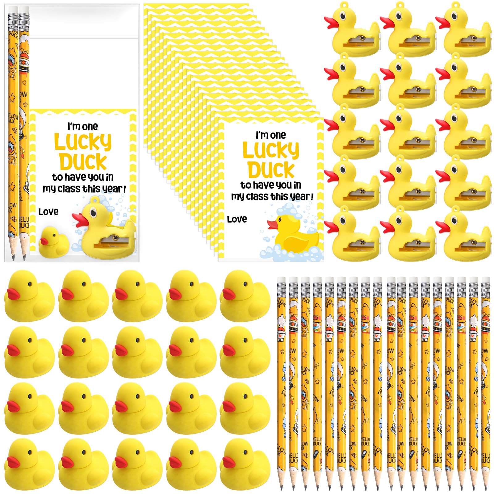 Weekgrat Inspirational Gift 50 Yellow Motivational Duck Pencils Cute Pencils 25 Duck Pencil Sharpener 25 Yellow Eraser 25 Welcome Cards Gift for Kids