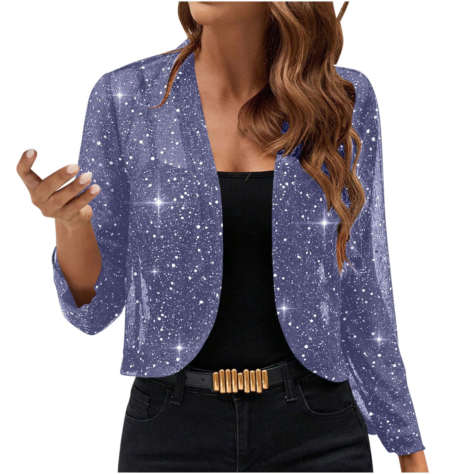 Womens Cropped Sequin Jackets Open Front Long Sleeve Bolero Party Short Cardigan Casual Lightweight Sparkling Shrug