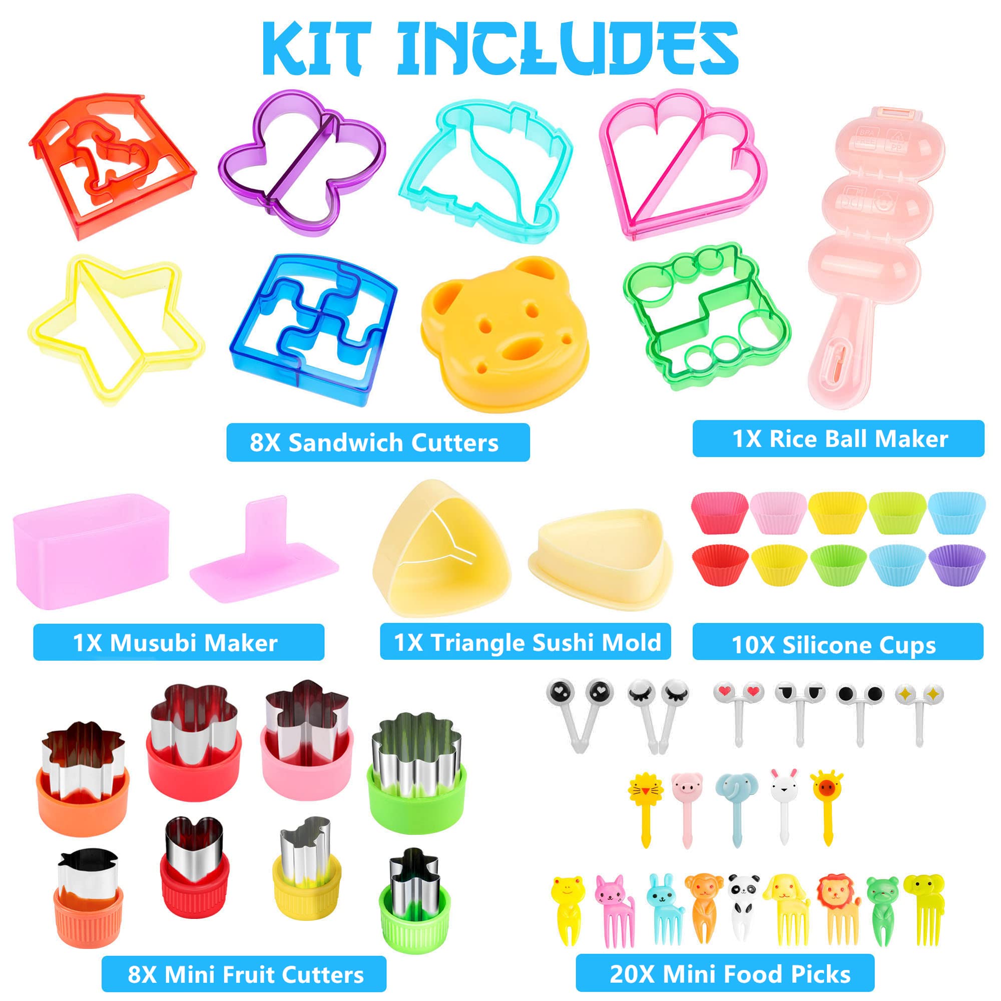 FUNGYAND Sandwich-Ausstechformen-Set, 52-in-1 Bento-Box-Zubehör-Set enthält Sandwich-Ausstecher, Obstschneider, Lebensmittelspieße, Silikonbecher, Reiskugelmacher, komplette Bento-Lunchbox-Zubehör