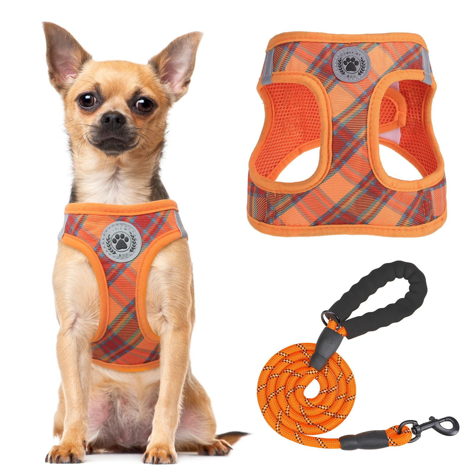 BEAUTYZOO Step in Dog Harness and Leash Set, Reflective Dog Harness No Pull No Choke Puppy Harness for Extra Small Dogs Cats, Soft Padded Mesh Vest Harnesses for Girl and Boy Pets, Orange Plaid XS