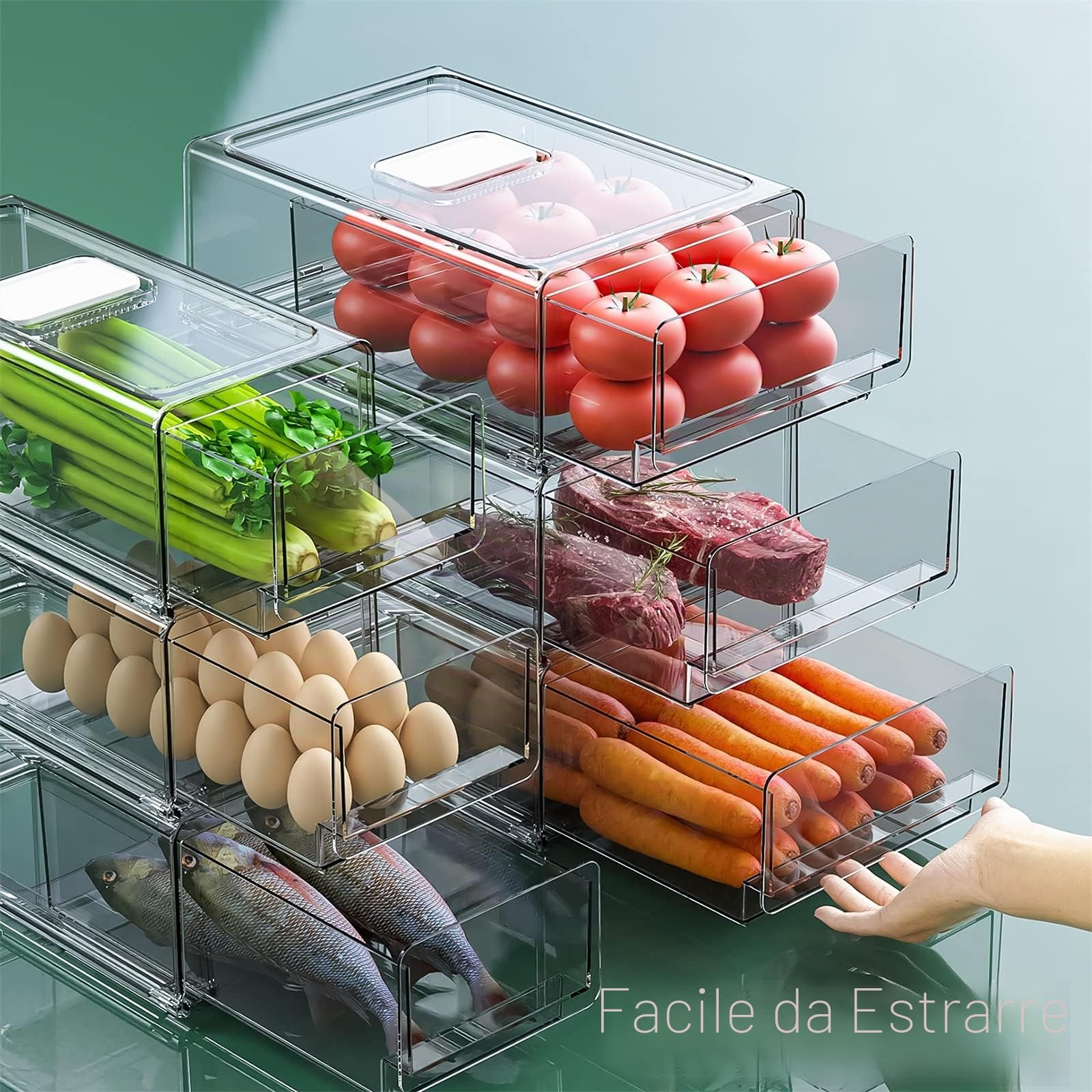YekouMax Organizer Frigorifero, Organizzatore da Cucina Trasparente, Mantieni il Cibo Fresco e il Frigorifero in Ordine, Cassetto Portaoggetti Senza BPA, Frutta,Verdura,Carne,Snack(Larga,Set of 2)