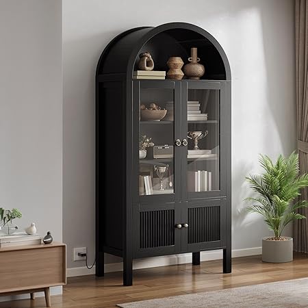 DWVO 71" Arched Cabinet Bookshelf Bookcase with LED Light/Wood Display Cabinet Cabinets with Tempered Glass Doors and Adjustable Shelves/Kitchen Pantry with Storage for Living Room, Dining Room-Black