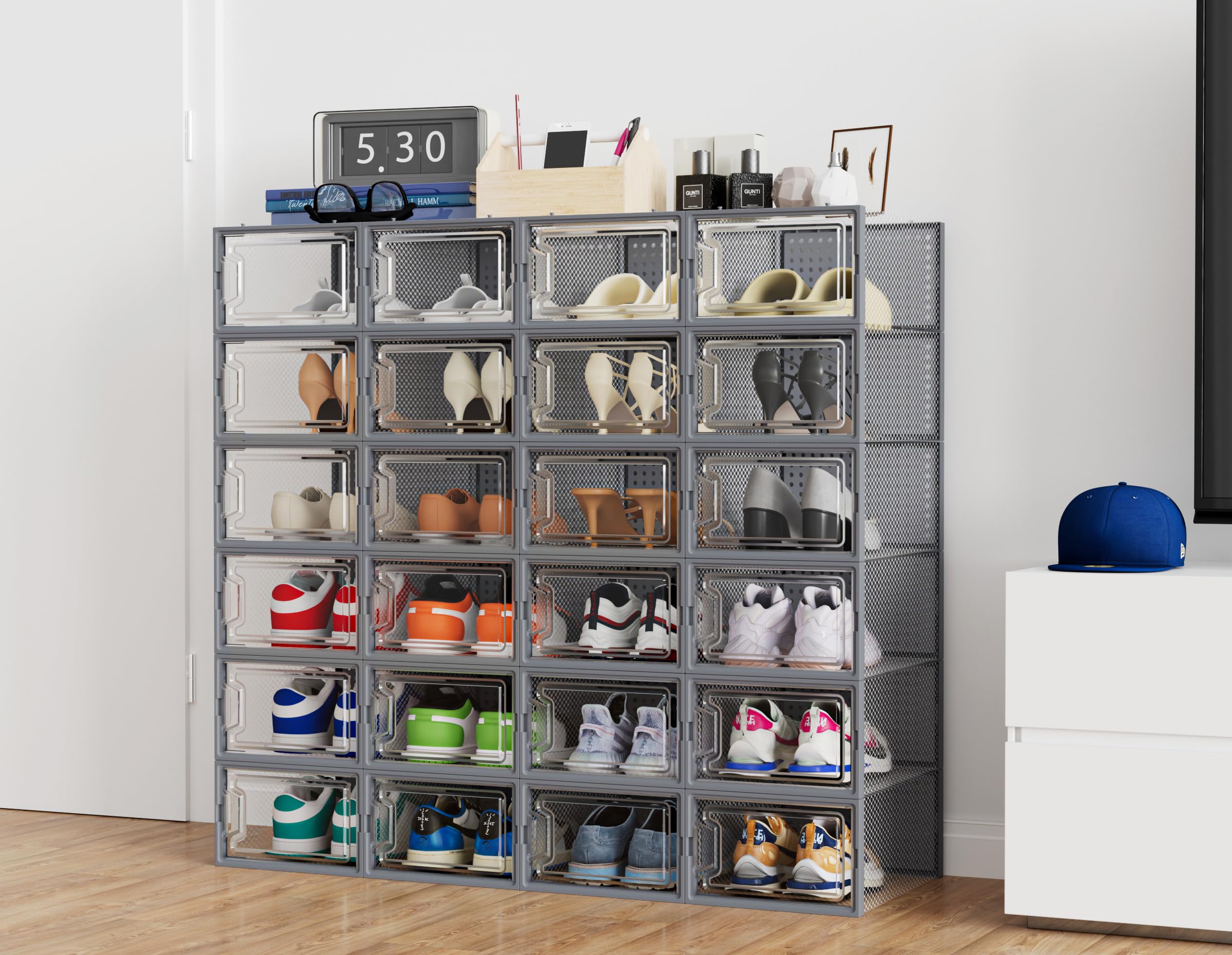 HOMIDEC 12 pcs Scatole per Scarpe,Scatole Portascarpe in Plastica Trasparenti impilabili, Contenitori Portascarpe con Coperchi per donna/uomo,Grigio