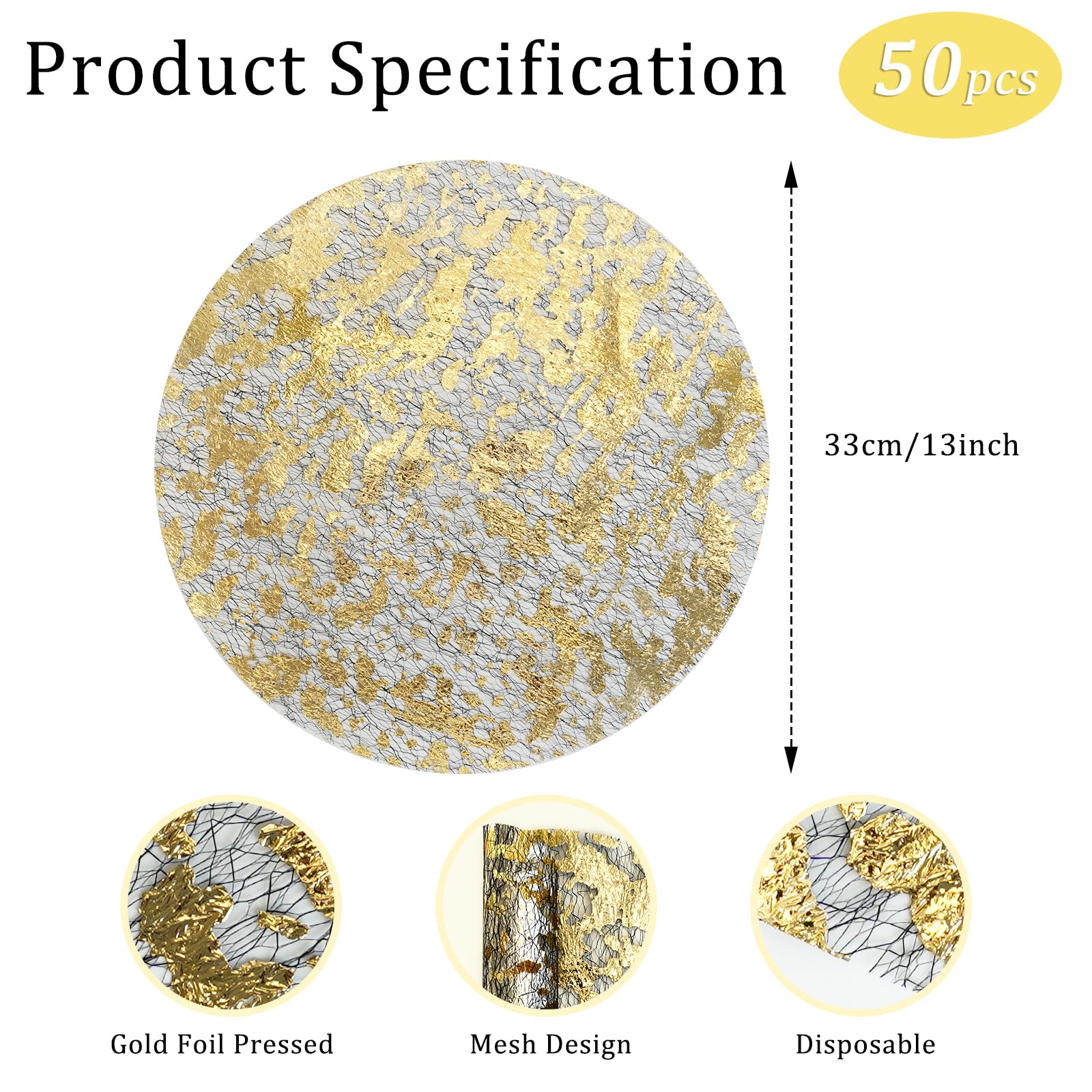 MAKCNMYM Lot De 50 Sets De Table Ronds Jetables Pour Fête De Mariage, Sets De Table Dorés Creux En Feuille D'or De 33 Cm En Maille Parfaitement Assortis Pour Mariages, Fêtes, Dîners à La Maison