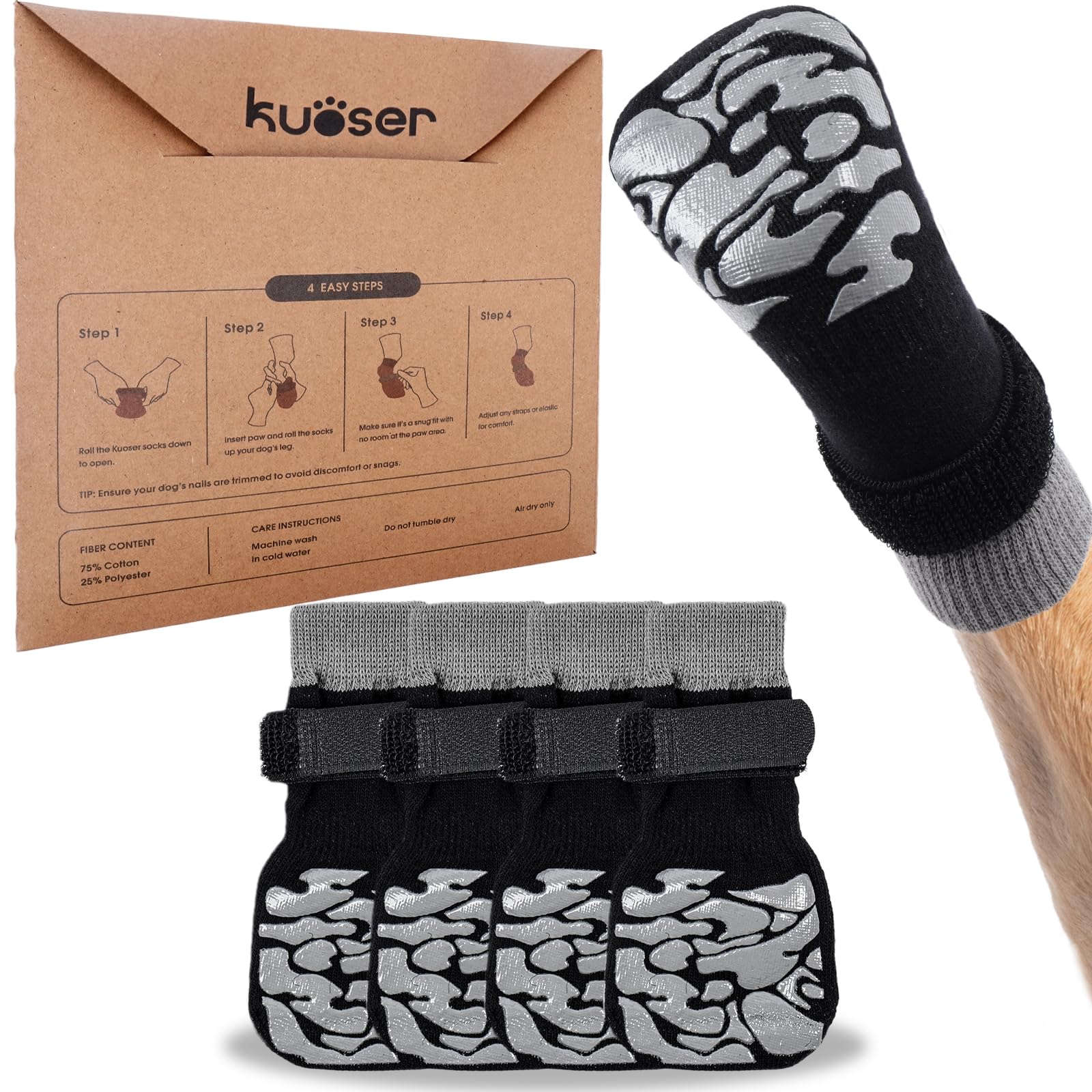 Kuoser Non-Slip Dog Socks, 4 Pcs Socks to Prevent Licking Paws, Paw Protectors for Hot Pavement, Hardwood Floors, Traction Control for Small, Medium, Large Dogs S Black