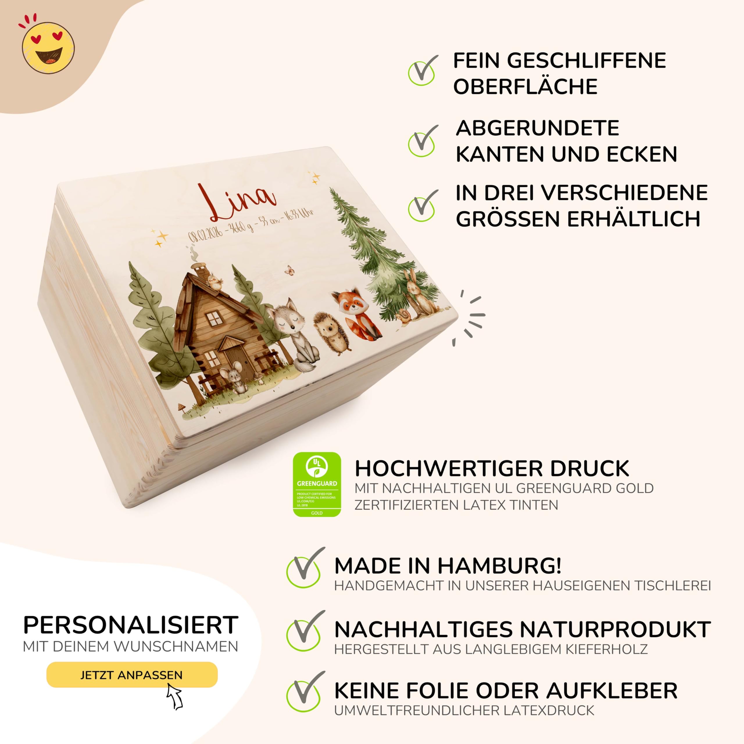 KIDSMOOD - Erinnerungsbox Baby, personalisierte Holzkiste mit Deckel, Ideal zur Aufbewahrung von Erinnerungen und als Geschenk zur Geburt, Taufe oder als Geburtstagsgeschenk für Mädchen und Jungen