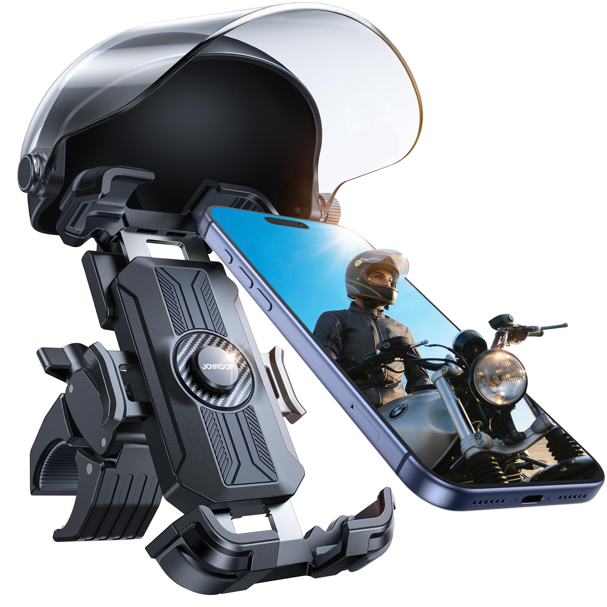 JOYROOM バイク スマホホルダー 日除け【新型態・取り外し可能】 携帯ホルダー バイク用スマホホルダー 自転車スマホホルダー オフロードバイク/オートバイ用 雨除け 落下防止 振動防止 iPhone/Androidなどに対応