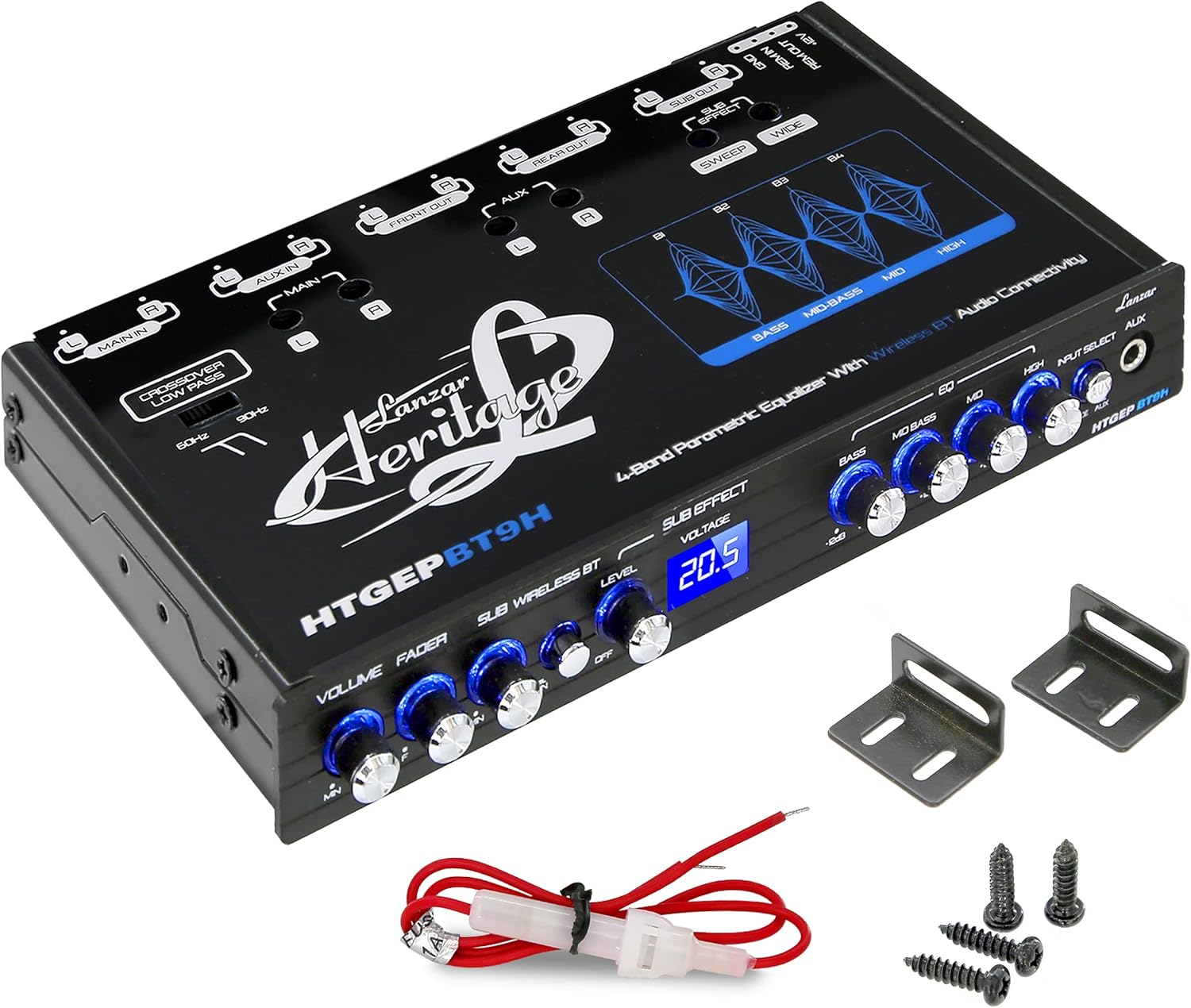 Lanzar 4 Band Parametric Equalizer – Wireless Streaming, Half Din Size, Rotary Fader, Input Gain Adjustments, Sub Output Volume/Sweep Control, Low Pass Crossover, 18 dB Boost, Blue Light Illumination