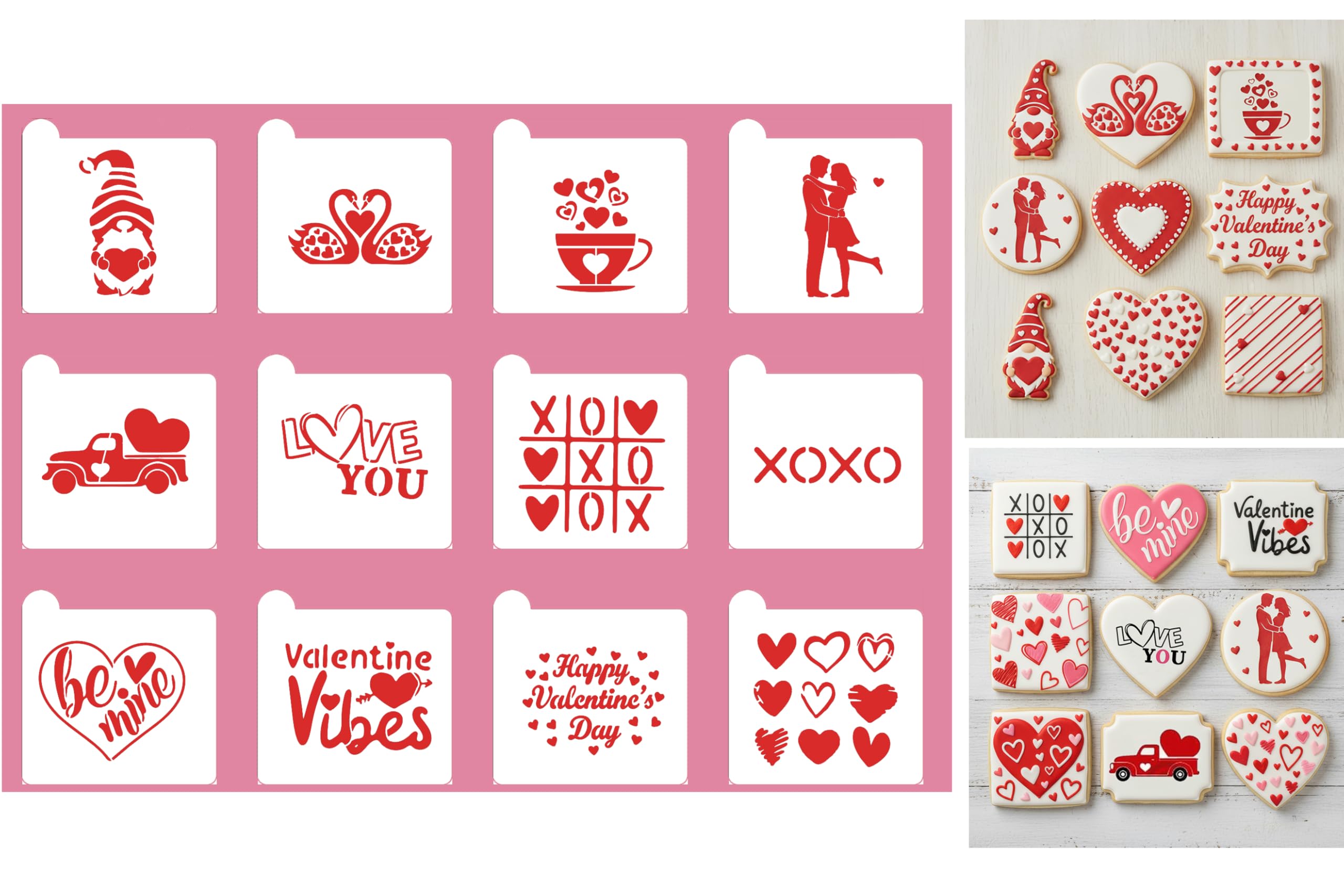 Happy Valentine's Day Cookie Stencils Decorations Set, 12-Pack Reusable Valentine's Day Heart Love Designs for Baking Decoration Tools for Cookies, Royal Icing, Cakes, Coffee & Crafts