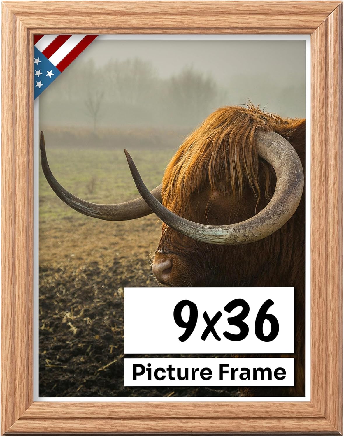 Oak 9x36 Picture Frame .75" Inch Wide - Faux Oak Decor Handmade Solid Wood Frames with Preinstalled Hangers and UV Blocking Plexiglass 36x9 Frame