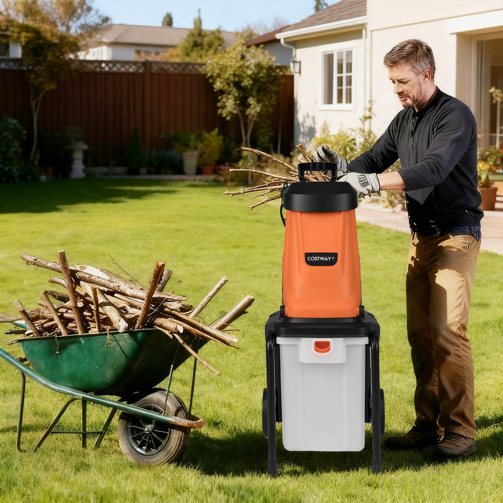 COSTWAY Trituradora de Ramas 2800W, Caja 50L, Hasta 45mm, Biotrituradora con Ruedas, Biotrituradora Electrica Jardin (naranje)