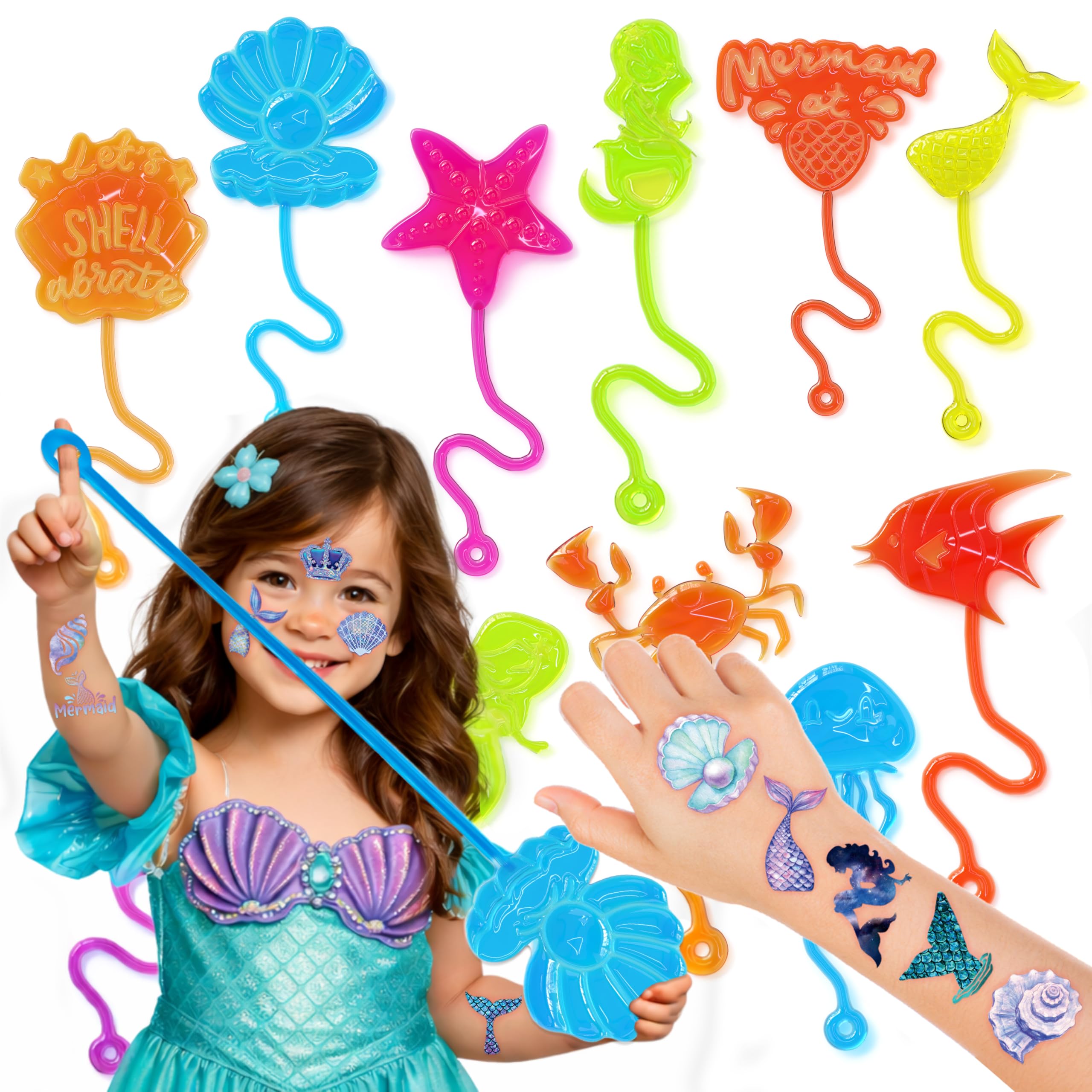 48PCS Mermaid Party Favors - 24PCS Temporary Tattoos & 24PCS Stick Hands - Perfect Birthday Party Supplies, Goodie Bag Stuffers, Treasure Box Toys,