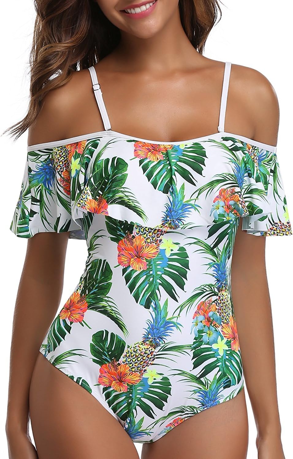 AHOOME Women Swimwear One Piece Flounce Swimsuit Pineapple Printed Off Shoulder Bathing Suit