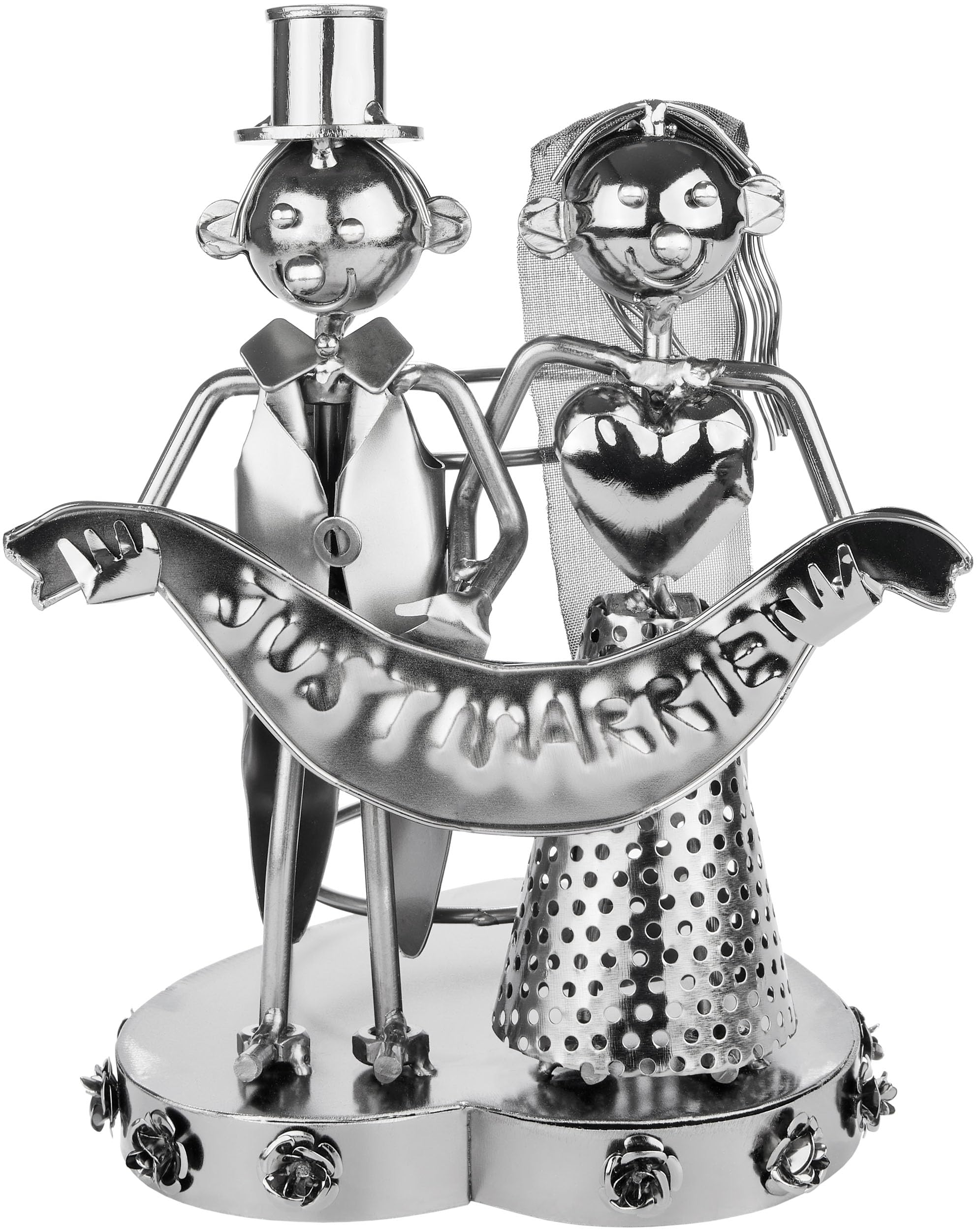 BRUBAKER Metalowa Rzeźba - Uchwyt na Butelkę Wina Just Married Para Młoda - Prezent na Ślub z Kartą Podarunkową