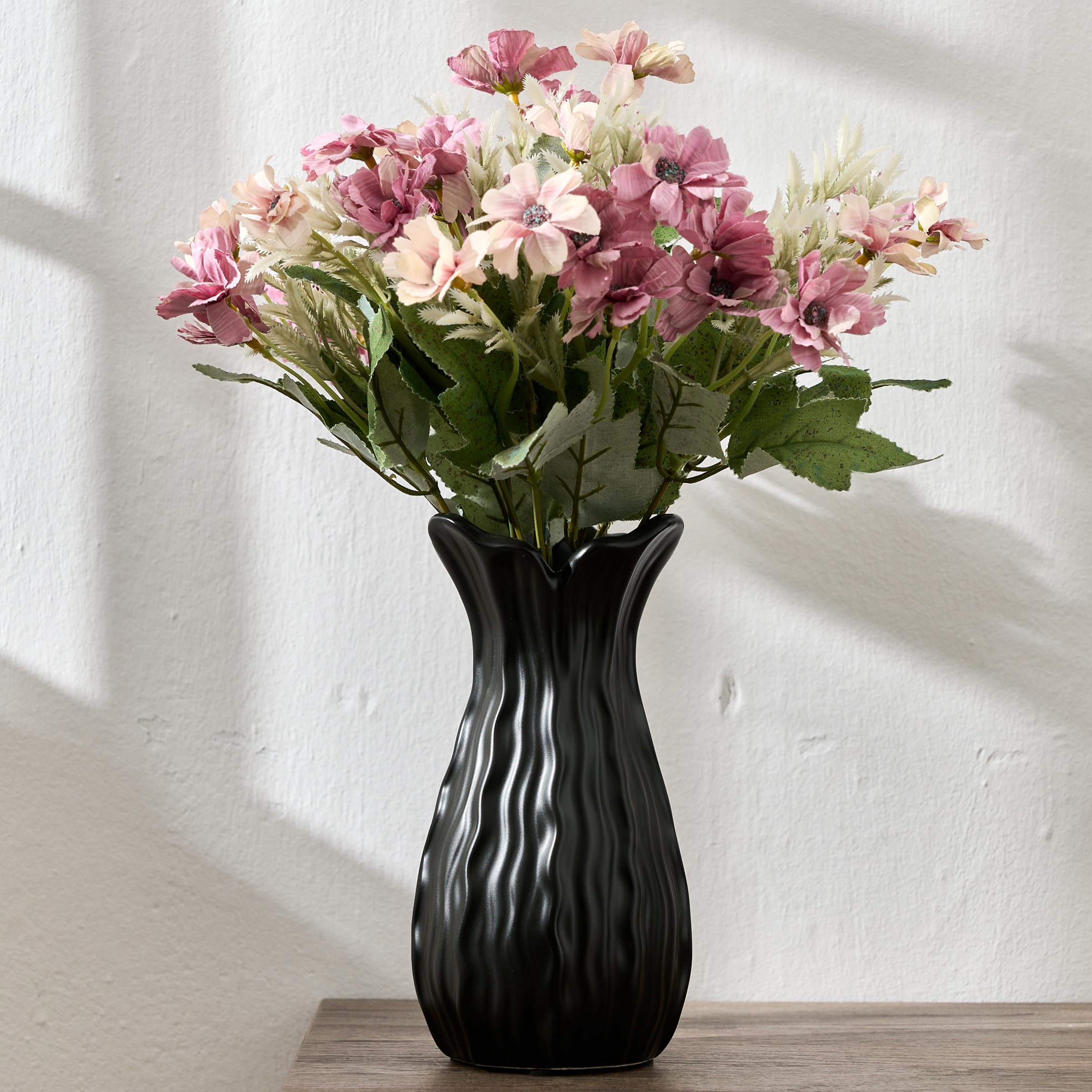 7.1" Matte Black Ceramic Flower Vase, Elegant Handcrafted Modern Farmhouse Decor, Simple Nordic Style Aesthetic Decorative Flower Vases for Home Decor, Living Room, Bookshelf, Office, Entryway