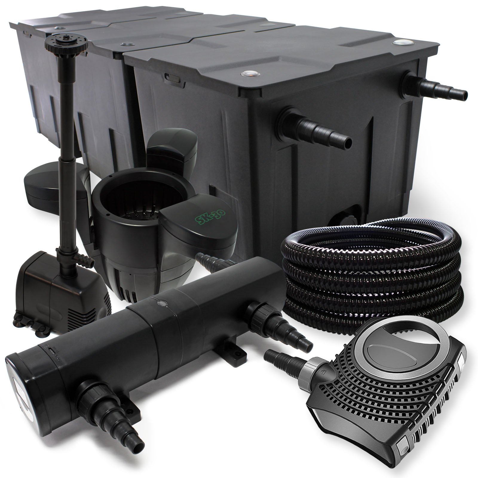 Kit de filtración con Bio Filtro Hasta 90000l UV 18 W 80 W bomba skimmer y bomba de fuente jardin