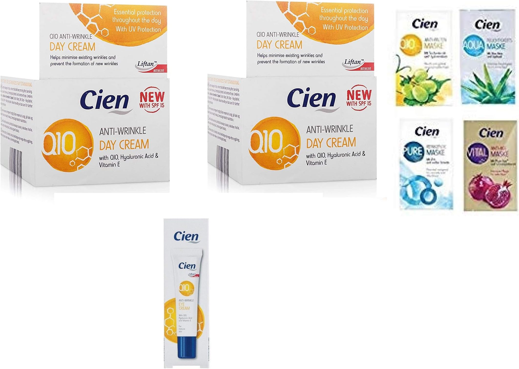 Set of CIEN Q10 ANTI-WRINKLE DAY CREAM x 2 FACE AND EYE CONTOUR CREAM, from LIDL+ 4 x mask CIEN Q10, Vital, AQUA, PURE, 4 x 16ml