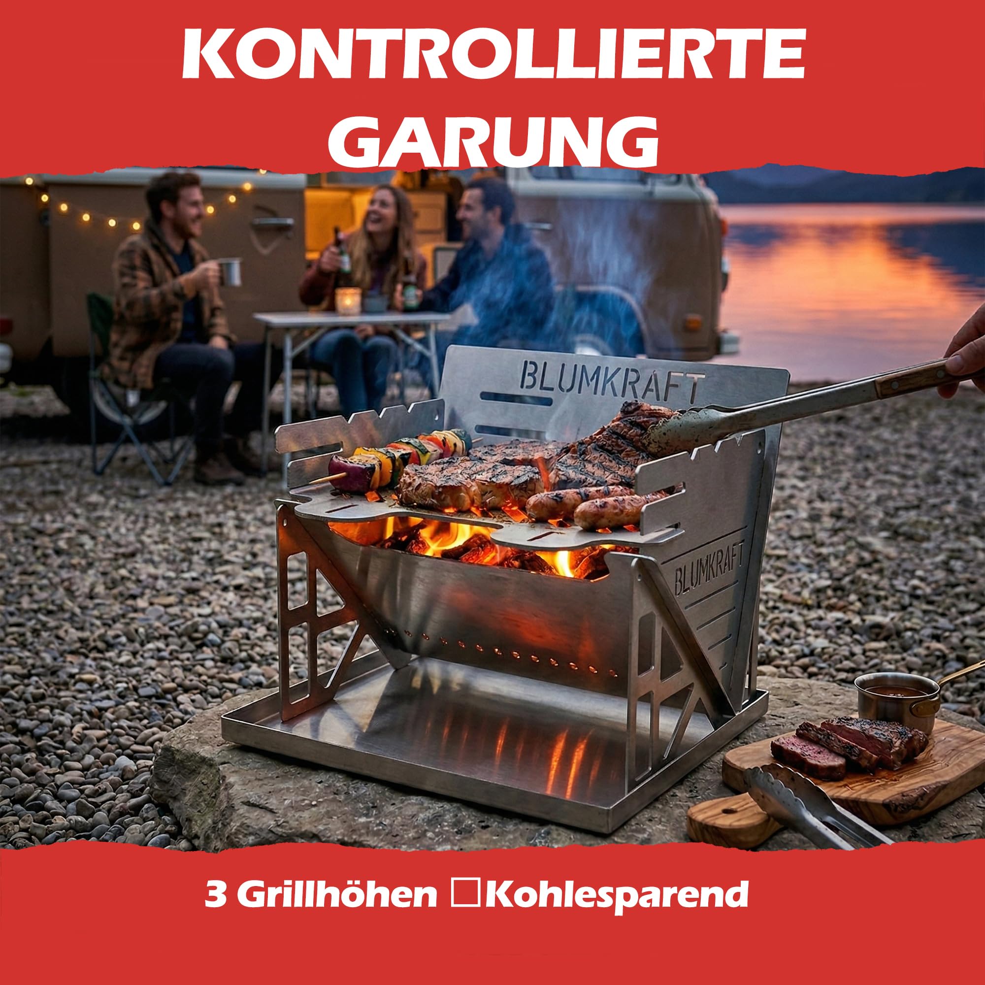 Faltbarer tragbarer Grill aus Edelstahl - ultrakompakter Holzkohlegrill - abnehmbar, Camping, Wandern, Van Life - kleiner Edelstahlgrill für 1 oder 2 Personen