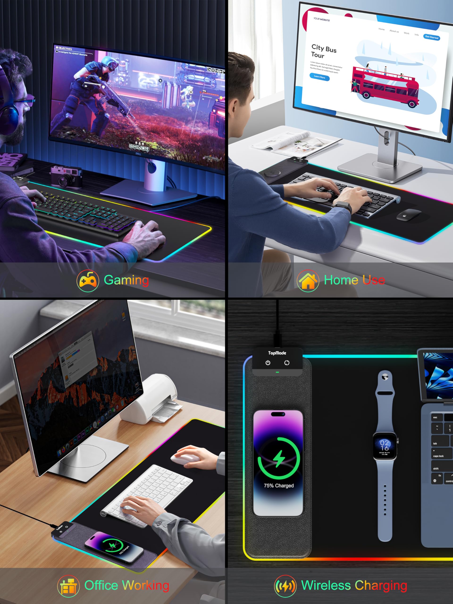 TopMade Alfombrilla de mouse RGB para juegos, alfombrilla de mouse de carga inalámbrica de 15 W con 13 modos de luz, superficie ultrasuave, base antideslizante, alfombrilla de teclado impermeable