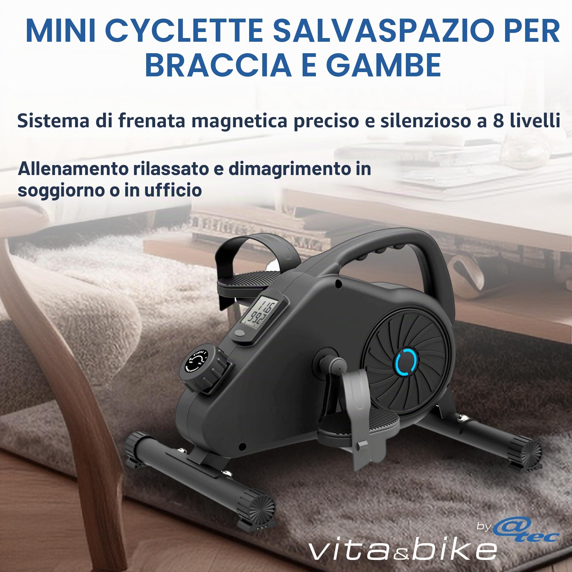 Vita&Bike Mini Fitness Cyclette con sistema di frenatura magnetica a 8 livelli, pedaliera per braccia e gambe, indicatore LED di allenamento
