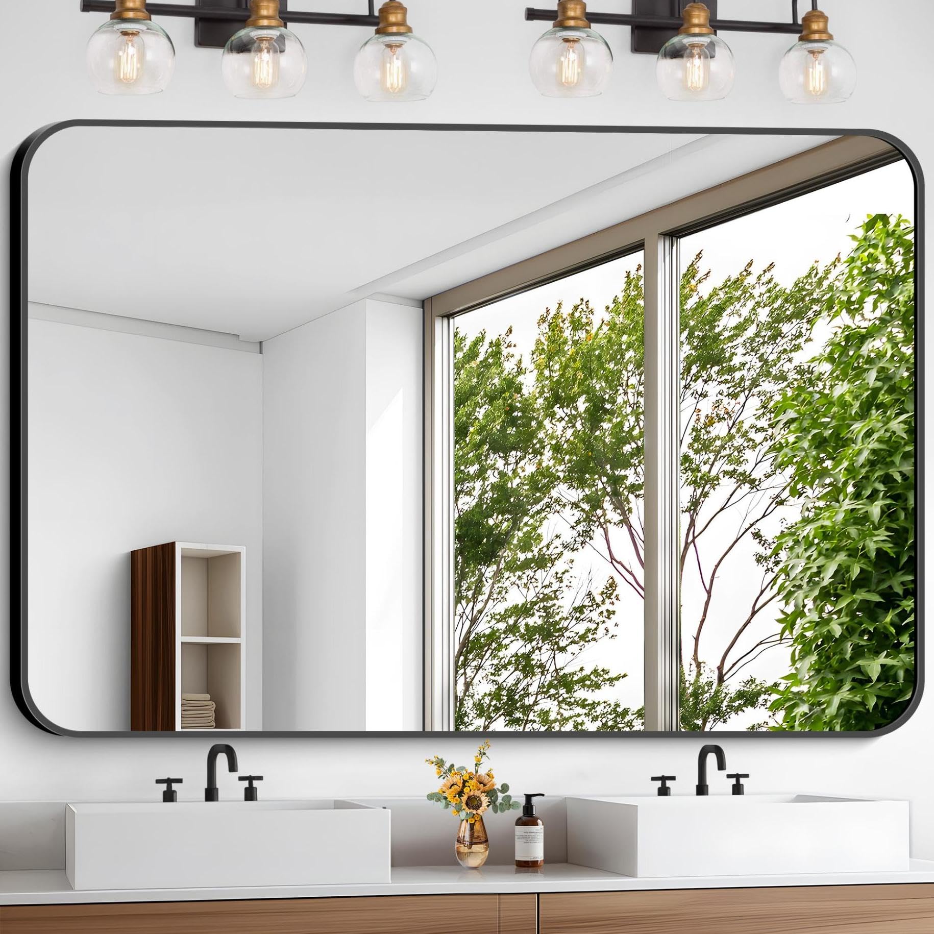 Large Bathroom Mirror, 60 x 40 inch Black Rectangle Mirror, Metal Framed Rectangular Vanity Mirror, Rounded Corner Wall Mounted Mirror for Over Sinks Bedroom Living Room Horizontal/Vertical