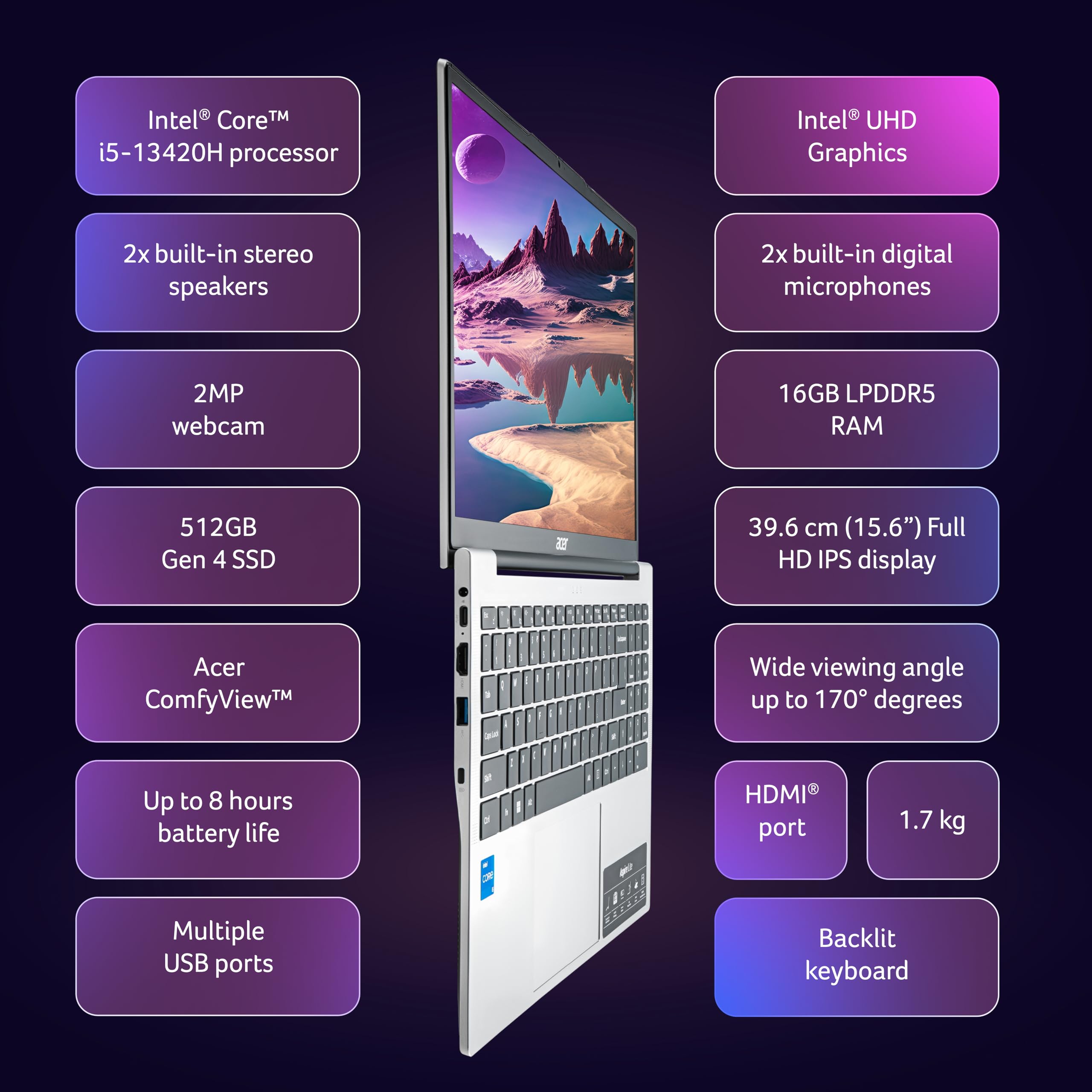 acer Aspire Lite,13th Gen, Intel Core i5-13420H Processor, 16 GB RAM, 512 GB SSD, Full HD IPS, 15.6"/39.62 cm, Windows 11 Home, MS Office, Pure Silver, 1.70 kg, AL15-52H, Thin and Light Laptop — Amazon image 2