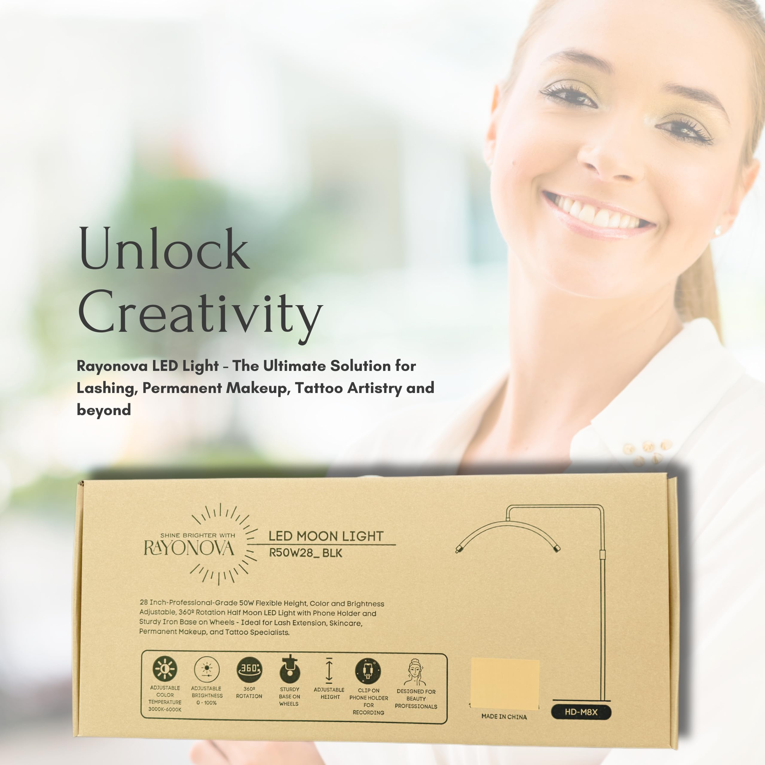 Rayonova 50W 28" 360º Rotation Moon LED Light with Phone Holder, Flexible Height, Color & Brightness Adjustable, Iron Base with Wheels. Ideal for Estheticians, Lash, Permanent Makeup & Tattoo Artists