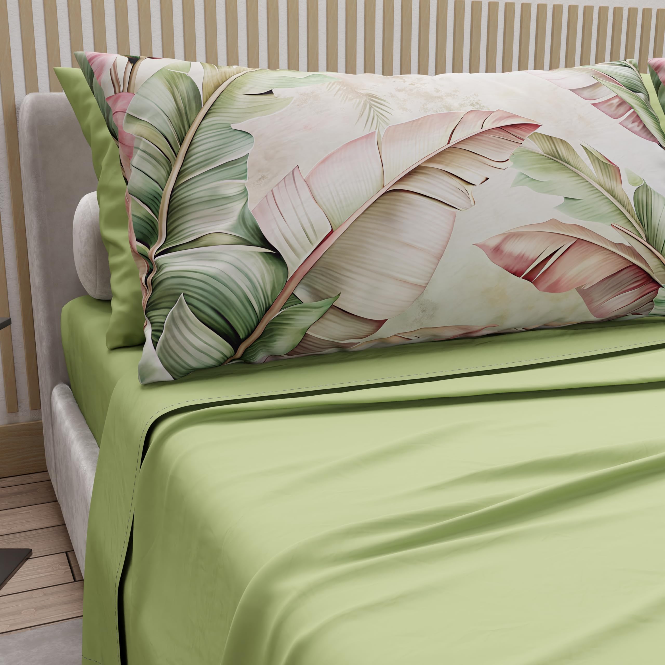 PETTI Artigiani Italiani - Cotton Sheets with Pillowcases in Digital Print, Single Sheet, Floral Design 191 Sage, 100% Made in Italy