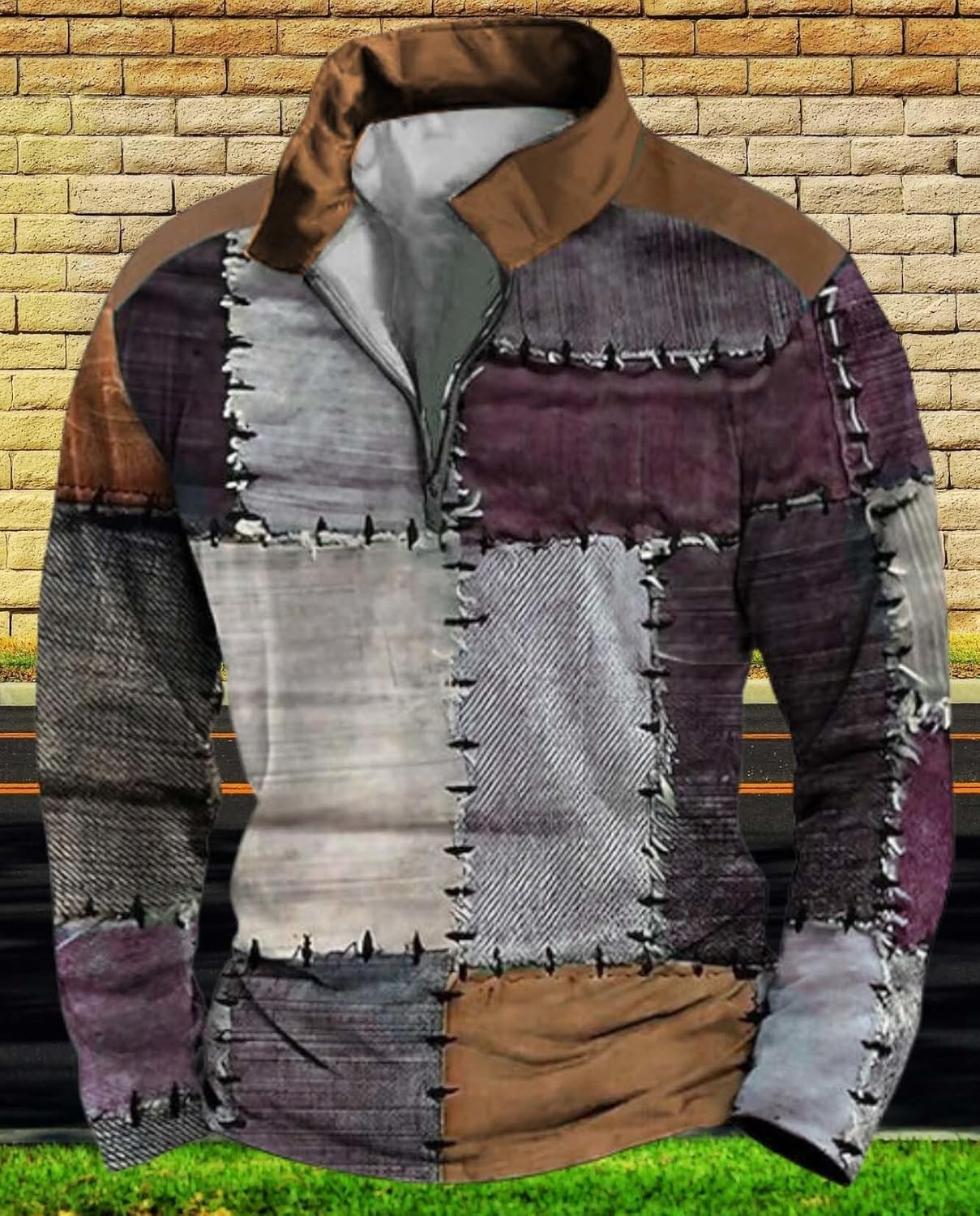 Mens Retro Large Size Long Sleeve Shirt Fashion Zipper Pullover Plaid Patchwork Street Top Create Trendy Street Style - Image 3