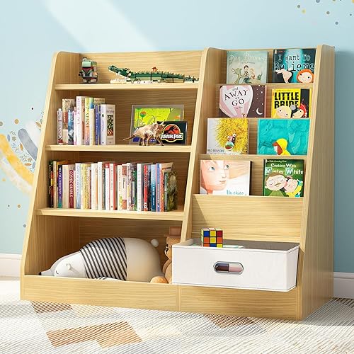 oneinmil Estantería triple ancha de 5 niveles con 2 cajones estantes rústicos para libros Etagere para oficina en casa estantería de madera y metal