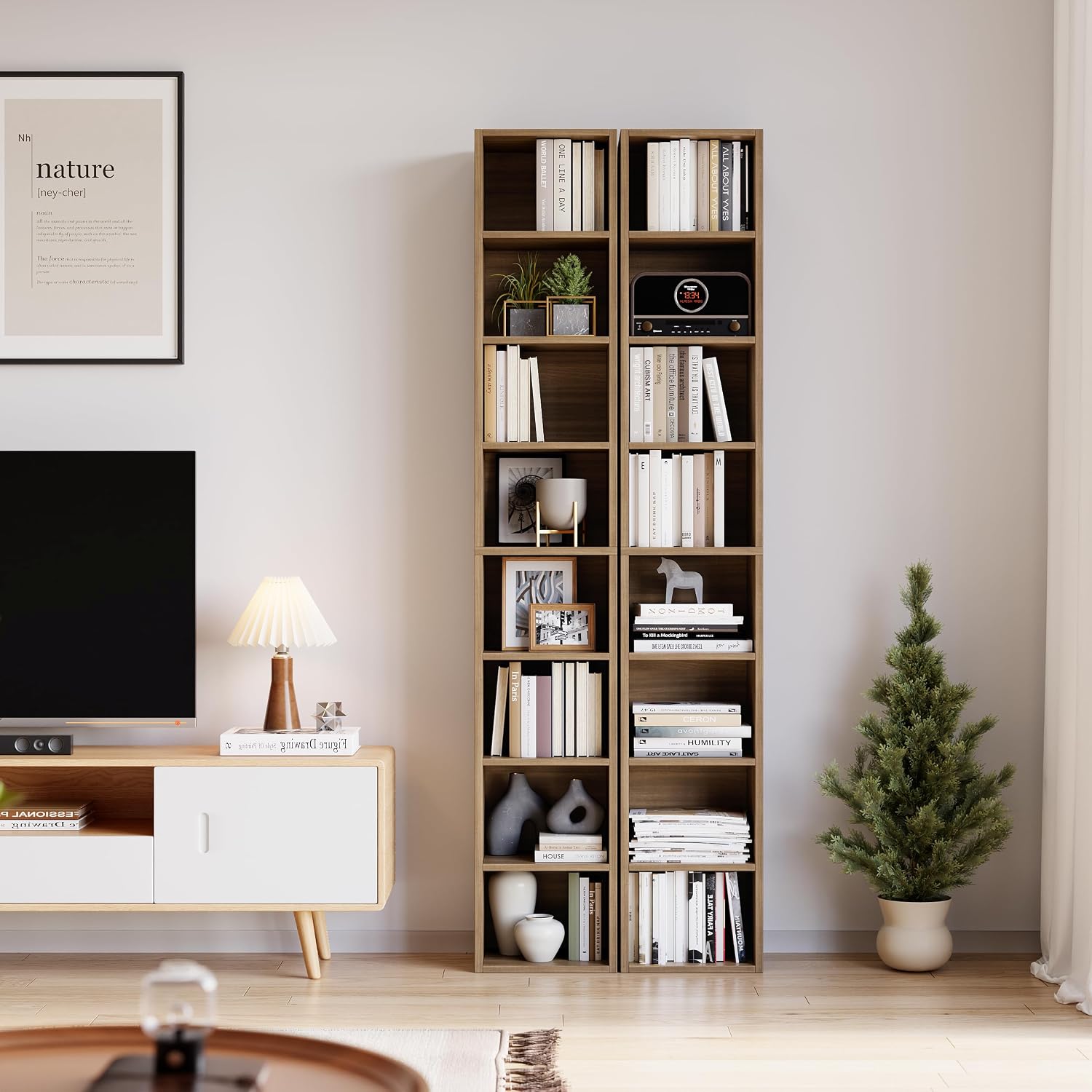 Bamjoy 71 Inches Tall Narrow Bookshelf, 8-Tier Slim CD DVD Media Shelf, Corner Bookcase with Adjustable Shelves, Cube Skinny Bookshelf for Home Office Small Space, Light Walnut image 5