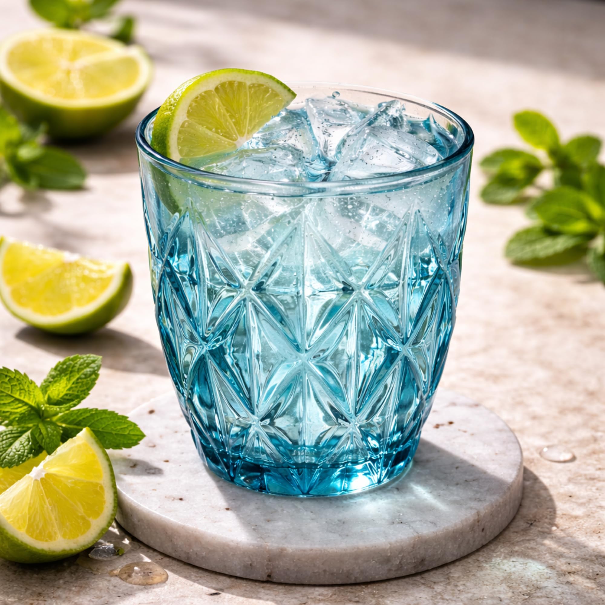 Pack 6 Vasos de Cristal Azul 300 ml – Vasos para Agua y Refrescos Diseño Diamante, Cristal Resistente – Aptos Lavavajillas, No Pierden Brillo – Vasos Apilables Elegantes para Mesa, Cocina y Cócteles