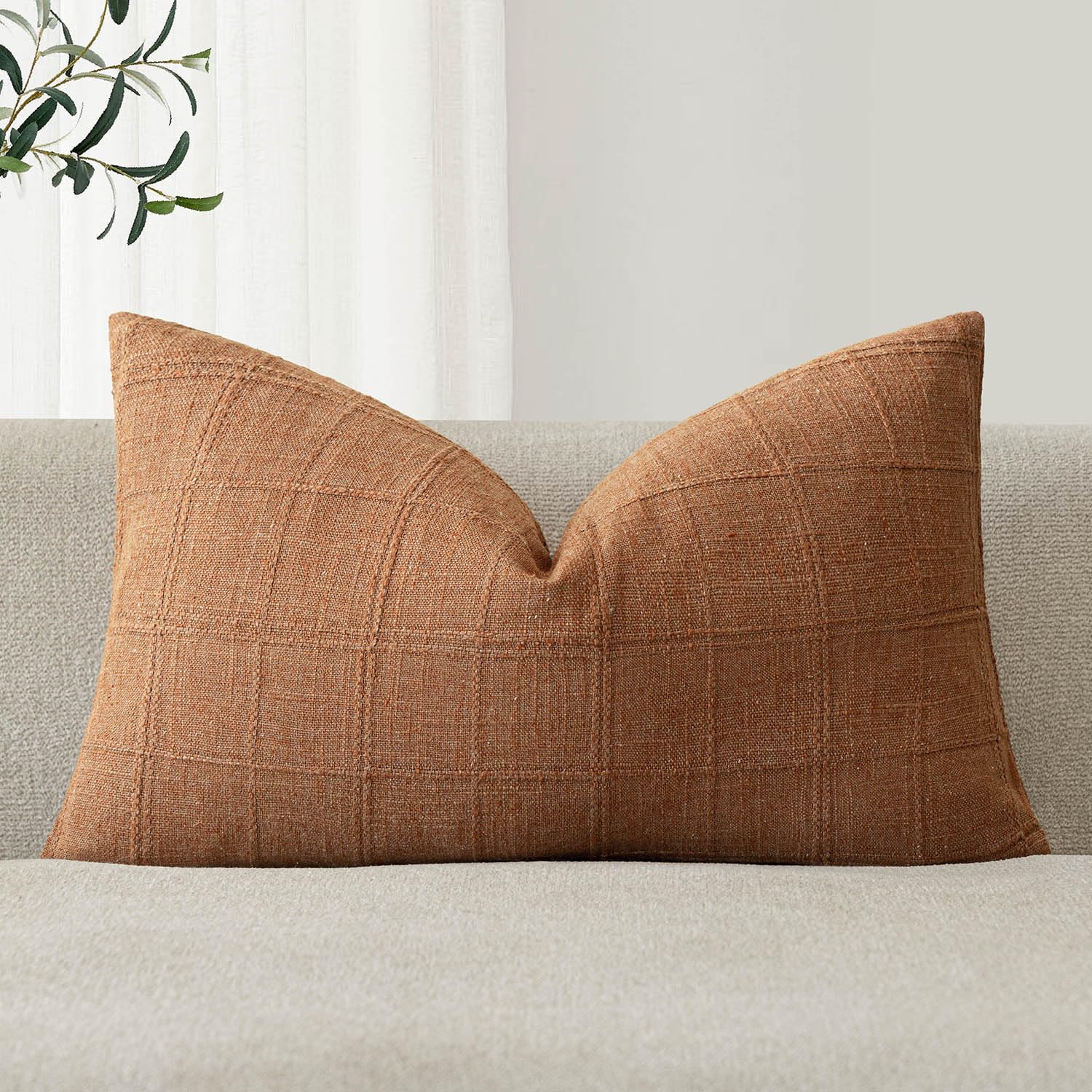 Foindtower Set of 1 Decorative Linen Check Throw Pillow Cover Neutral Farmhouse Lumbar Cushion Cover Modern Boho Home Decor for Sofa Chair Couch Bedroom Living Room,12×20 Inch,Orange