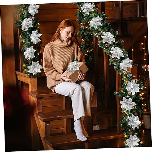 Miniatura 17 de Flores de Pascua de Navidad con purpurina, flores artificiales para árbol de Navidad, decoración de flores con clips y tallos para coronas de fiesta