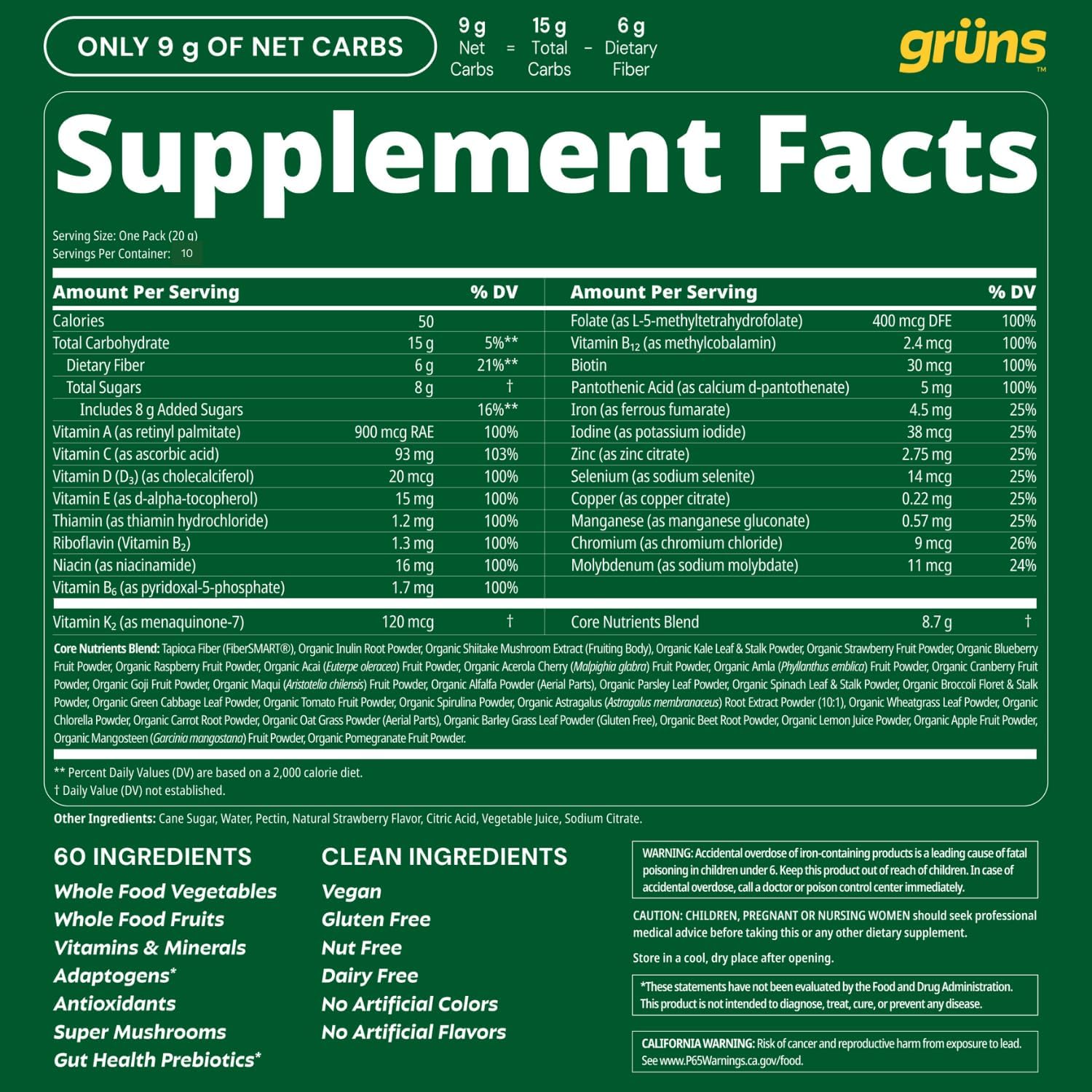 Gruns Adults Super Greens Gummies, Multivitamin Superfood Gummy Bears, Spirulina, Chlorella, Prebiotics & Fiber Gummies for Digestive Health, Adaptogens Supplement, 20 Vitamins & Minerals, 10 Count - Image 6