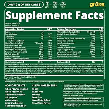 Gruns Adults Super Greens Gummies, Multivitamin Superfood Gummy Bears, Spirulina, Chlorella, Prebiotics & Fiber Gummies for Digestive Health, Adaptogens Supplement, 20 Vitamins & Minerals, 10 Count