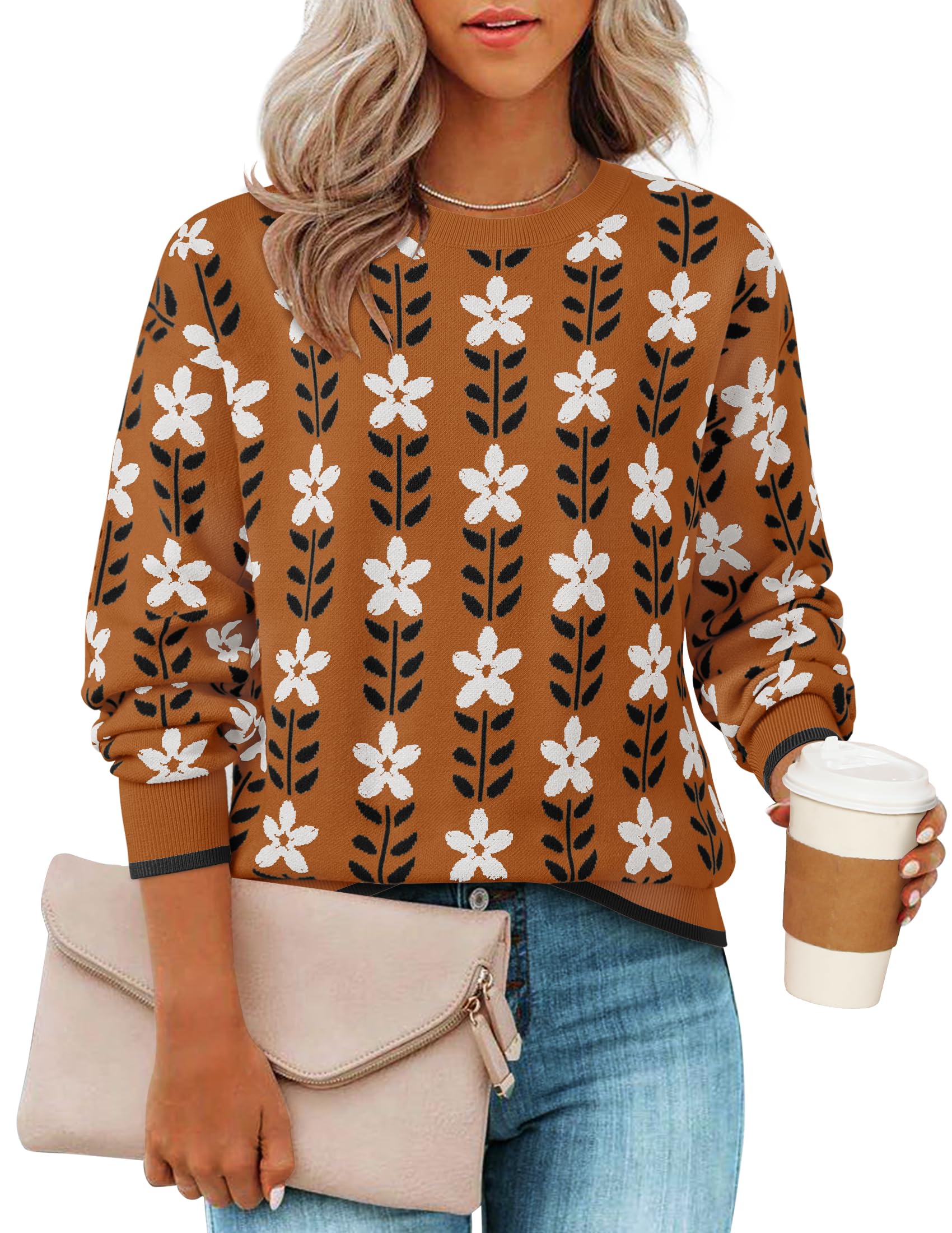 ZESICA Womens Long Sleeve Crewneck Sweater 2026 Fall Printed Cute Oversized Knitted Pullover Tops Trendy Clothes