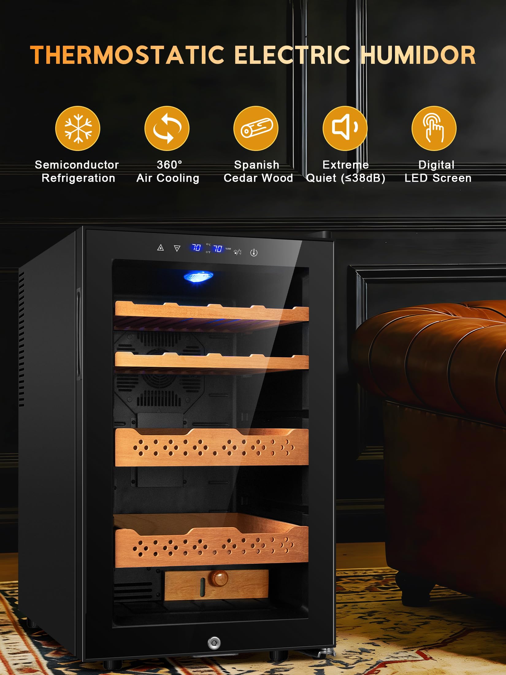 RLPI 400 Counts Thermostatic Electric Cooler Cabinet,70L Electric Humidor with Smart Humidity & Temp Digit Control System,Spanish Wood Shelves Gift for Men on Fridge.com