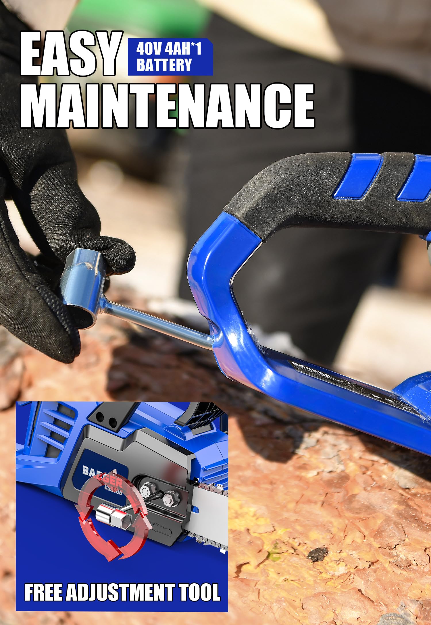 WILD BADGER POWER Tronçonneuse électrique sans fil 40 V 16 pouces, sans balais, batterie et chargeur 4,0 Ah, technologie de coupe intelligente, coupe efficace, sûre et fiable, idéale pour