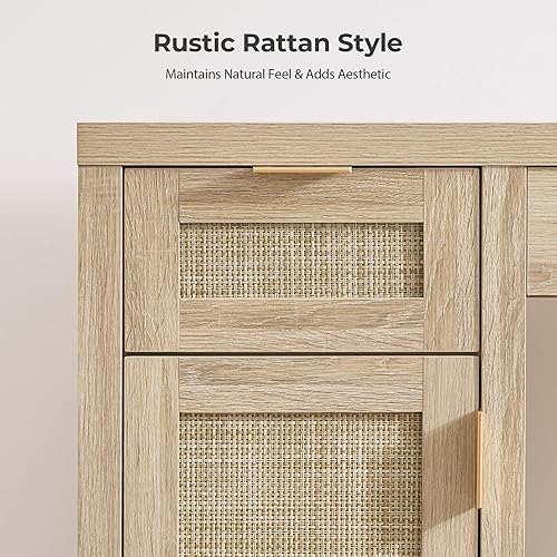 Miniatura 5 de SICOTAS Tocador de Ratán para Oficina en Casa - 52" Gran Mesa Tocador de Maquillaje Estilo Granja Bohemio con 3 Cajones y 2 Gabinetes